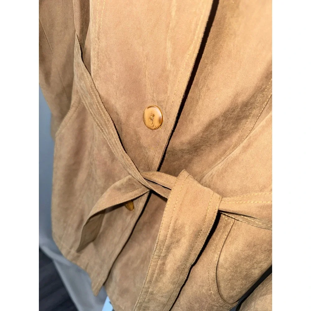 Vintage Y2K House of Art Collection Tan Faux Suede Belted Trench Jacket - Picture 4 of 10